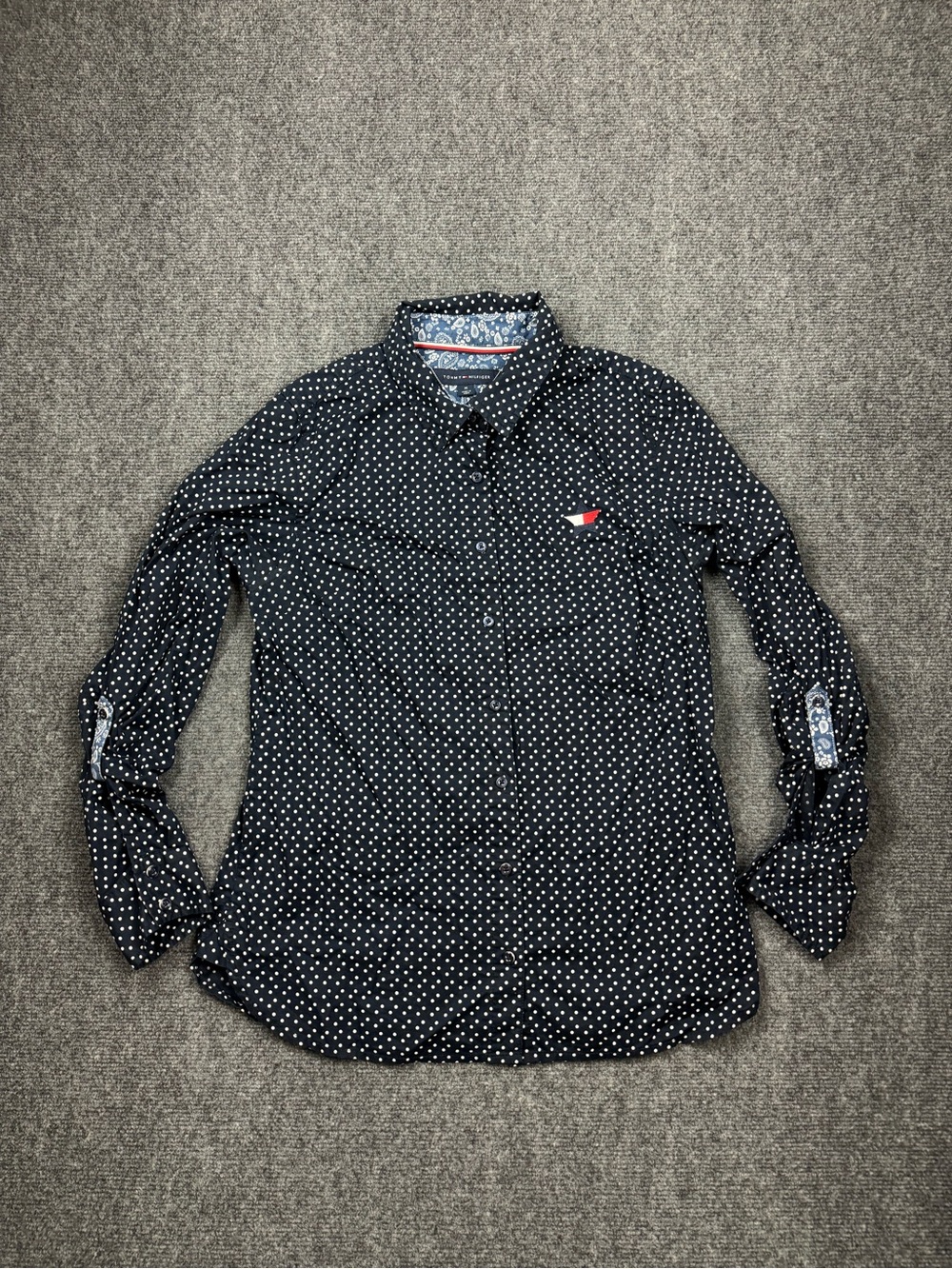 Tommy Hilfiger Shirt Womens Medium Navy Blue Polka Dot Star Flag Logo Button